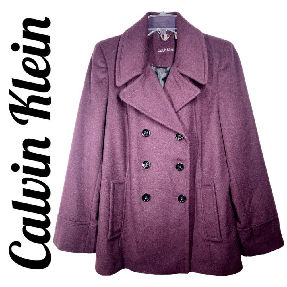 CALVIN KLEIN Burgundy Wool Double Breasted Peacoat Nautical Sailor, Size‎ 8